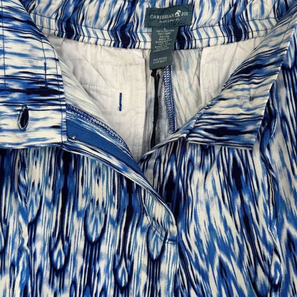 Caribbean Joe Large Shorts Abstract High-Rise Pockets Elastic Waist Blue Hue New